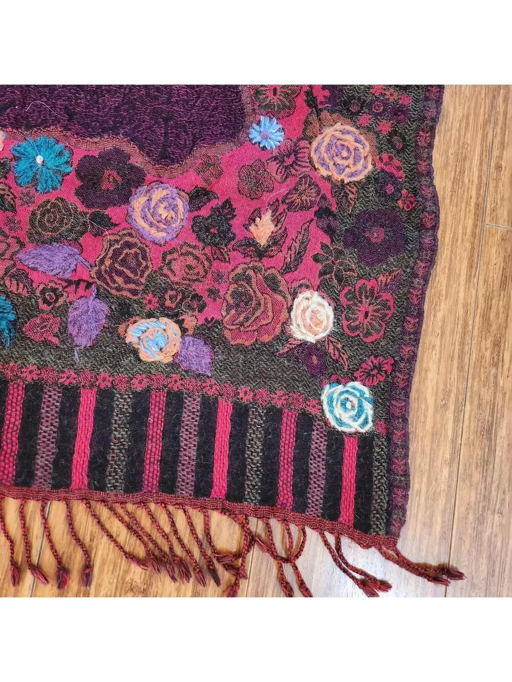 Cozy Floral Embroidered Purple Wool Scarf with Fringe